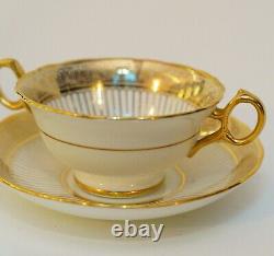 Superb Set Of 12 Tiffany Cauldon Gold Encrusted Soup Bullion Cups & Saucers