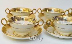 Superb Set Of 12 Tiffany Cauldon Gold Encrusted Soup Bullion Cups & Saucers