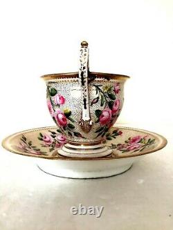 Swansea Porcelain Superb Painted Roses & Gilded Dots Cabinet Cup & Saucer C1817