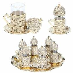 Swarowski coated Italian Arabic Turkish Coffee Tea Golden Serving Set for 6