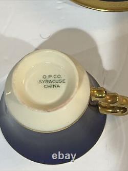 Syracuse China Diane Old Ivory O. P. C. O. 4 Cups & Saucers Cobalt Blue withGold Trim