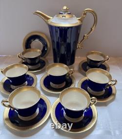 Syracuse Old Ivory Queen Anne Cobalt/Gold Coffee Pot & 7 Demitasse Cups/Saucers