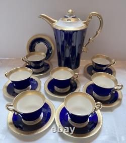 Syracuse Old Ivory Queen Anne Cobalt/Gold Coffee Pot & 7 Demitasse Cups/Saucers