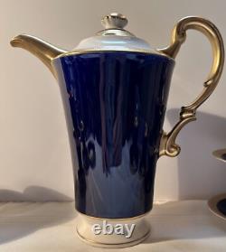 Syracuse Old Ivory Queen Anne Cobalt/Gold Coffee Pot & 7 Demitasse Cups/Saucers