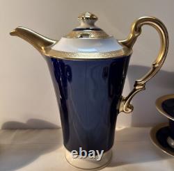 Syracuse Old Ivory Queen Anne Cobalt/Gold Coffee Pot & 7 Demitasse Cups/Saucers