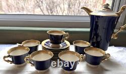 Syracuse Old Ivory Queen Anne Cobalt/Gold Coffee Pot & 7 Demitasse Cups/Saucers