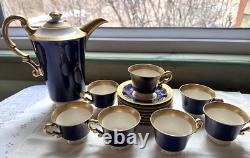 Syracuse Old Ivory Queen Anne Cobalt/Gold Coffee Pot & 7 Demitasse Cups/Saucers
