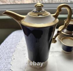 Syracuse Old Ivory Queen Anne Cobalt/Gold Coffee Pot & 7 Demitasse Cups/Saucers