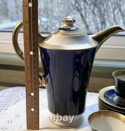 Syracuse Old Ivory Queen Anne Cobalt/Gold Coffee Pot & 7 Demitasse Cups/Saucers