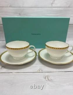 TIFFANY & Co Gold Band Pair of Tea Cups & Saucers Authentic Boxed Japan F/S
