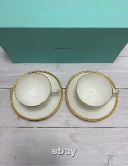 TIFFANY & Co Gold Band Pair of Tea Cups & Saucers Authentic Boxed Japan F/S