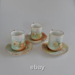 T & V France Limoges Set of 3 Cups and 6 Saucers Hand Painted Gold Yellow Roses