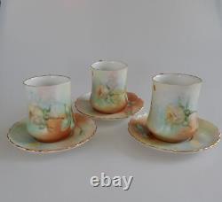 T & V France Limoges Set of 3 Cups and 6 Saucers Hand Painted Gold Yellow Roses