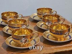 T & V LIMOGES 6 TEACUPS/Saucers Gold Encrusted Hand painted Scenes Mhyts/Cherubs