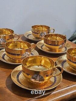 T & V LIMOGES 6 TEACUPS/Saucers Gold Encrusted Hand painted Scenes Mhyts/Cherubs