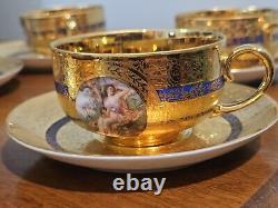 T & V LIMOGES 6 TEACUPS/Saucers Gold Encrusted Hand painted Scenes Mhyts/Cherubs