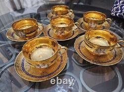 T & V LIMOGES 6 TEACUPS/Saucers Gold Encrusted Hand painted Scenes Mhyts/Cherubs