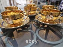 T & V LIMOGES 6 TEACUPS/Saucers Gold Encrusted Hand painted Scenes Mhyts/Cherubs