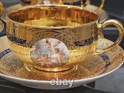 T & V LIMOGES 6 TEACUPS/Saucers Gold Encrusted Hand painted Scenes Mhyts/Cherubs