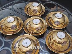 T & V LIMOGES 6 TEACUPS/Saucers Gold Encrusted Hand painted Scenes Mhyts/Cherubs