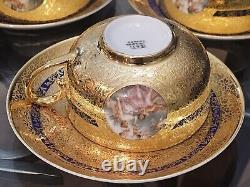 T & V LIMOGES 6 TEACUPS/Saucers Gold Encrusted Hand painted Scenes Mhyts/Cherubs