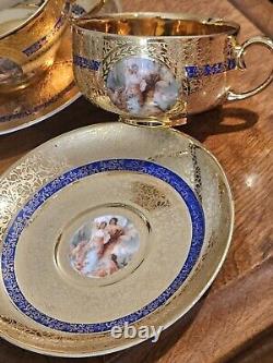T & V LIMOGES 6 TEACUPS/Saucers Gold Encrusted Hand painted Scenes Mhyts/Cherubs