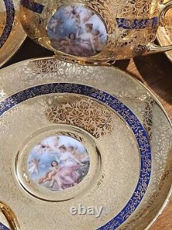 T & V LIMOGES 6 TEACUPS/Saucers Gold Encrusted Hand painted Scenes Mhyts/Cherubs