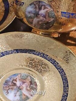 T & V LIMOGES 6 TEACUPS/Saucers Gold Encrusted Hand painted Scenes Mhyts/Cherubs