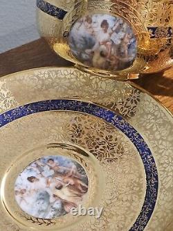 T & V LIMOGES 6 TEACUPS/Saucers Gold Encrusted Hand painted Scenes Mhyts/Cherubs