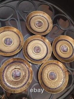 T & V LIMOGES 6 TEACUPS/Saucers Gold Encrusted Hand painted Scenes Mhyts/Cherubs