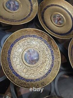 T & V LIMOGES 6 TEACUPS/Saucers Gold Encrusted Hand painted Scenes Mhyts/Cherubs