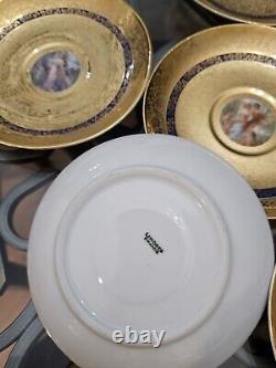 T & V LIMOGES 6 TEACUPS/Saucers Gold Encrusted Hand painted Scenes Mhyts/Cherubs