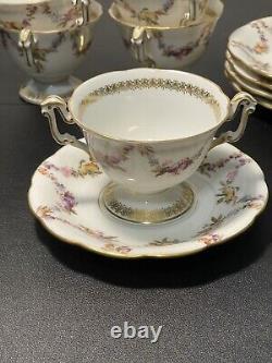 T&V Limoges Antique 5 Gilded Fruit Wreath Cups Saucers Bouillon Chocolate Tea