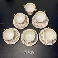 T&V Limoges Antique 5 Gilded Fruit Wreath Cups Saucers Bouillon Chocolate Tea