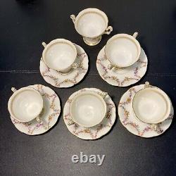 T&V Limoges Antique 5 Gilded Fruit Wreath Cups Saucers Bouillon Chocolate Tea