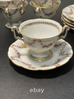 T&V Limoges Antique 5 Gilded Fruit Wreath Cups Saucers Bouillon Chocolate Tea