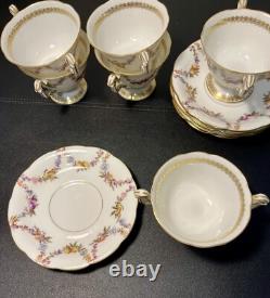 T&V Limoges Antique 5 Gilded Fruit Wreath Cups Saucers Bouillon Chocolate Tea