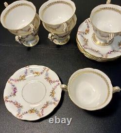 T&V Limoges Antique 5 Gilded Fruit Wreath Cups Saucers Bouillon Chocolate Tea