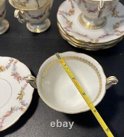T&V Limoges Antique 5 Gilded Fruit Wreath Cups Saucers Bouillon Chocolate Tea
