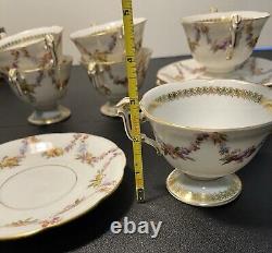 T&V Limoges Antique 5 Gilded Fruit Wreath Cups Saucers Bouillon Chocolate Tea