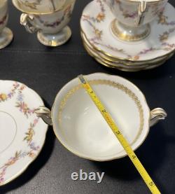 T&V Limoges Antique 5 Gilded Fruit Wreath Cups Saucers Bouillon Chocolate Tea