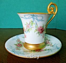 T & V Limoges HP Roses & Ribbons Gold Gilt Chocolate Cocoa Cup & Saucer 1882