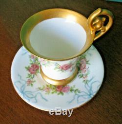 T & V Limoges HP Roses & Ribbons Gold Gilt Chocolate Cocoa Cup & Saucer 1882