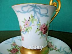 T & V Limoges HP Roses & Ribbons Gold Gilt Chocolate Cocoa Cup & Saucer 1882