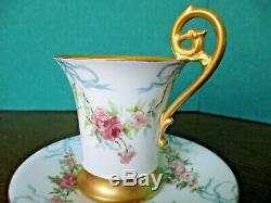 T & V Limoges HP Roses & Ribbons Gold Gilt Chocolate Cocoa Cup & Saucer 1882