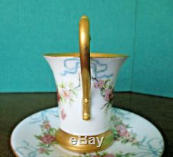 T & V Limoges HP Roses & Ribbons Gold Gilt Chocolate Cocoa Cup & Saucer 1882