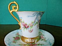 T & V Limoges HP Roses & Ribbons Gold Gilt Chocolate Cocoa Cup & Saucer 1882