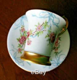 T & V Limoges HP Roses & Ribbons Gold Gilt Chocolate Cocoa Cup & Saucer 1882