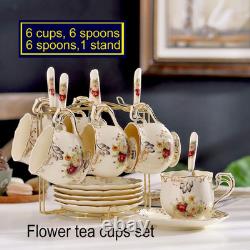 Tea Cup and Saucer Set of 6, 200Ml Vintage Ivory Porcelain Cups Saucers Set with