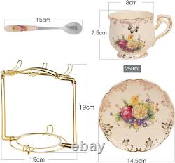 Tea Cup and Saucer Set of 6, 200Ml Vintage Ivory Porcelain Cups Saucers Set with